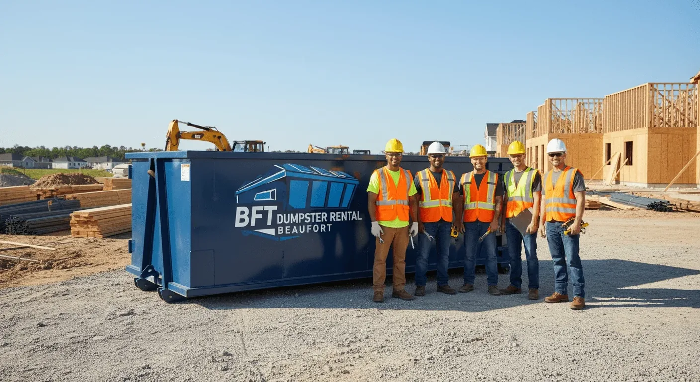 Meet the BFT Dumpster Rental Beaufort team The BFT Dumpster Rental Beaufort team standing together outside the company yard